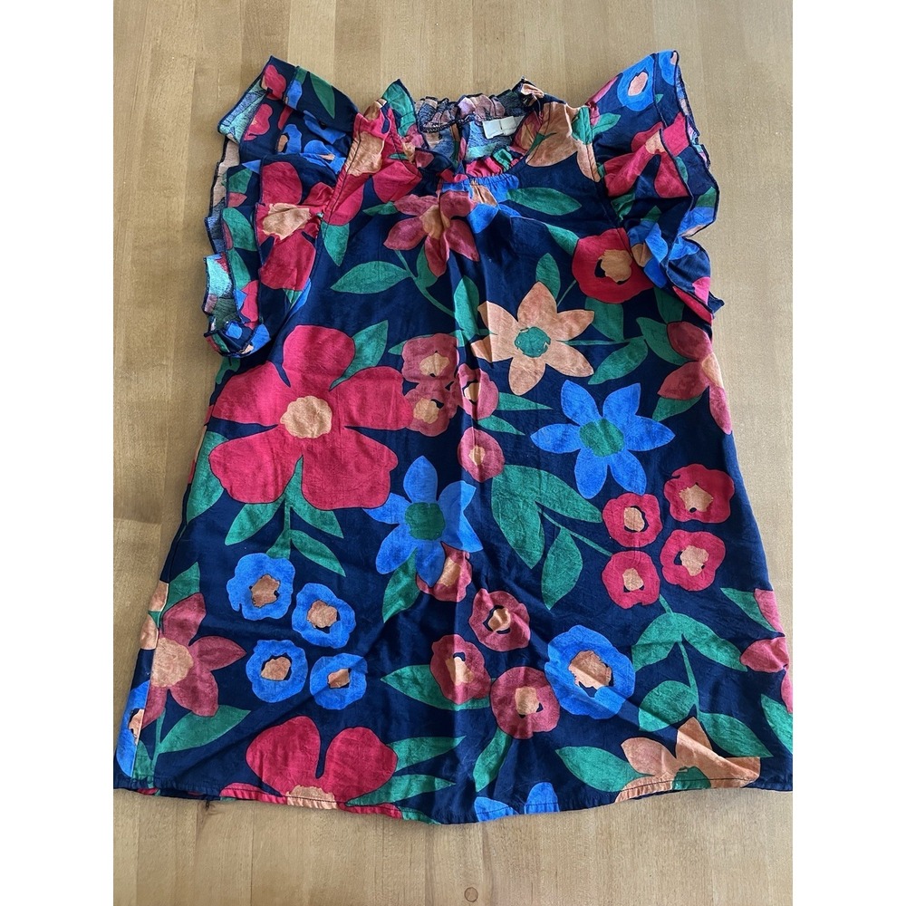 Entro Women's Floral Top Blouse Navy Blue Ruffle Sleep Sz S Small Summer